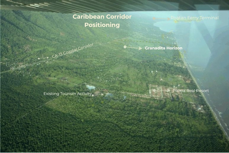 Caribbean Corridor Positioning — aerial view showing Granadita Horizon, CA-13 Coastal Corridor, Palma Real Resort, and Roatán Ferry Terminal