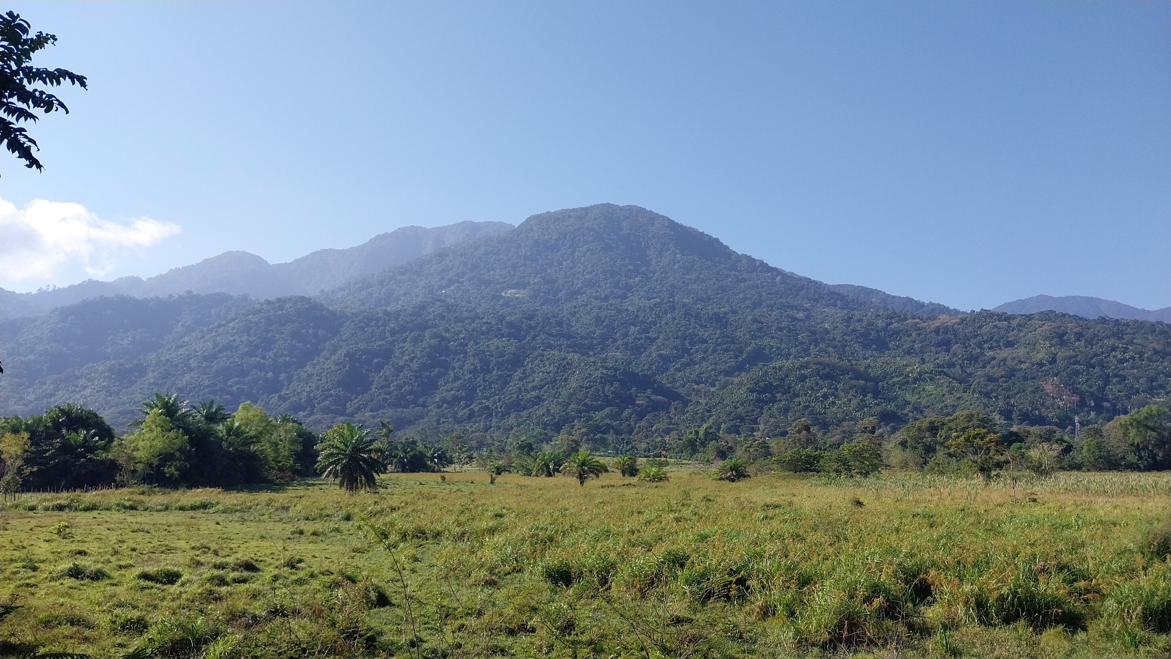 Granadita Horizon — open flat terrain with centered mountain peak and tropical vegetation, Atlántida Honduras